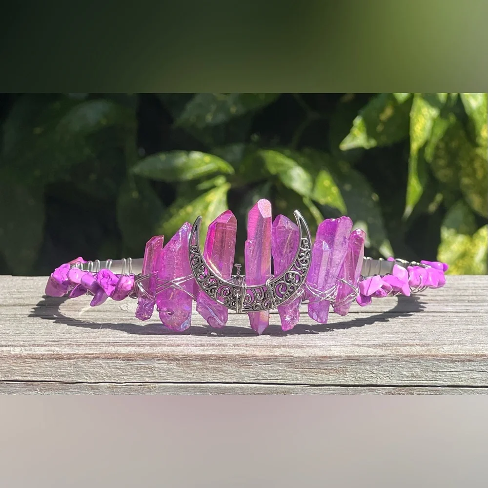 Crystal Moon Headband Tiara Crown Gemstone Nuggets - Picture 1 of 3